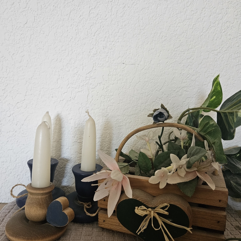 Rustic Wooden Candle Holder and Floral Basket Set